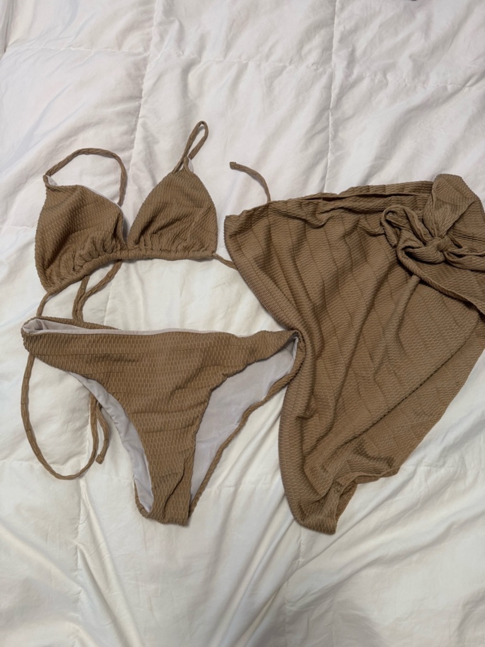 Brown Textured Triangle Bikini Set with Sarong